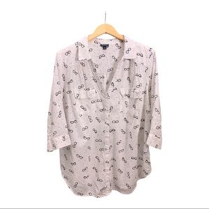 Torrid White Button Down Shirt with Black Glasses Print